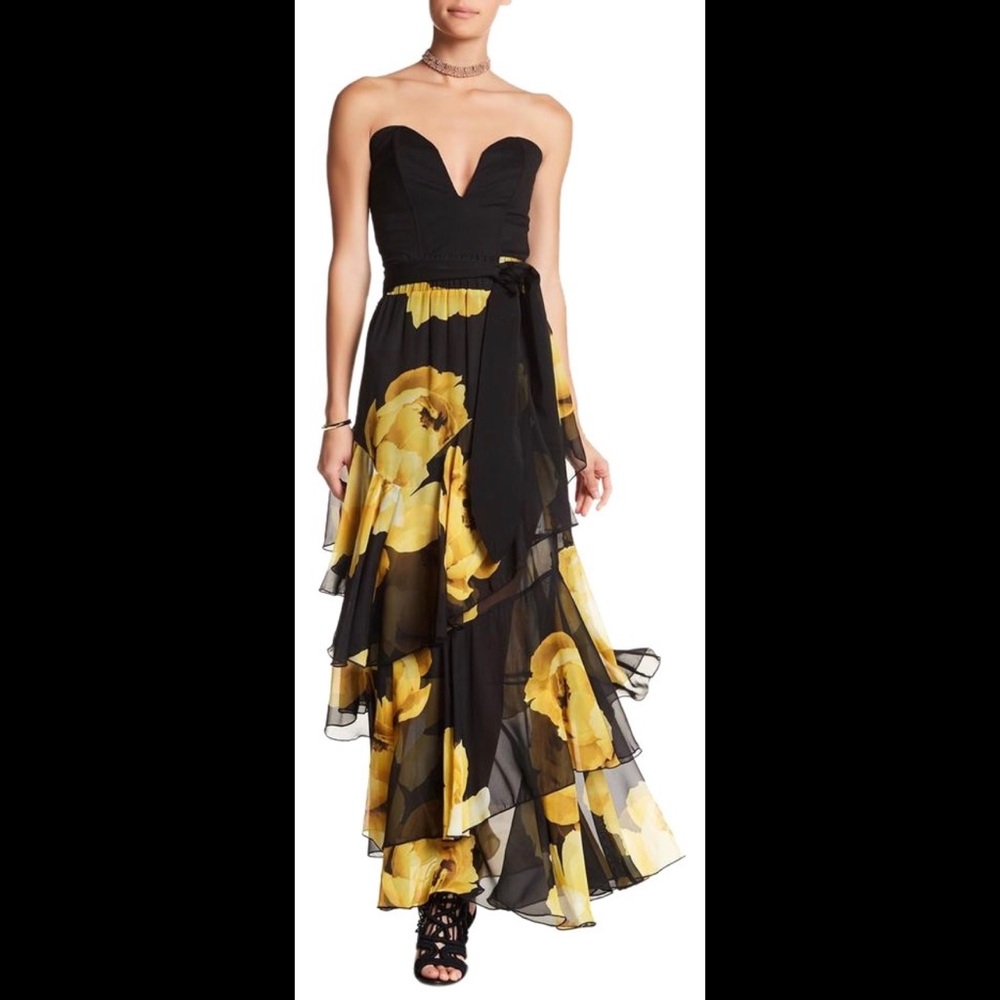 TOV Yellow Flower Tiered Maxi Skirt